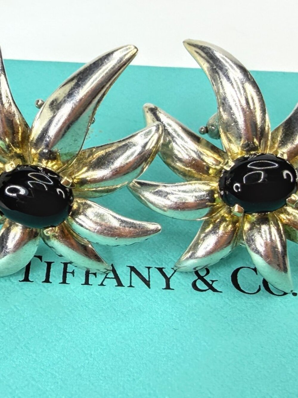 Vintage Tiffany & Co. Fireworks Onyx Sterling 18K Gold Earrings 1995 JR1969